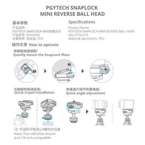 Đầu nối Snaplock Mini Reverse Ball Head PGYtech - Hàng chính hãng - Thiết kế gập nhỏ gọn, dễ dàng mang theo.