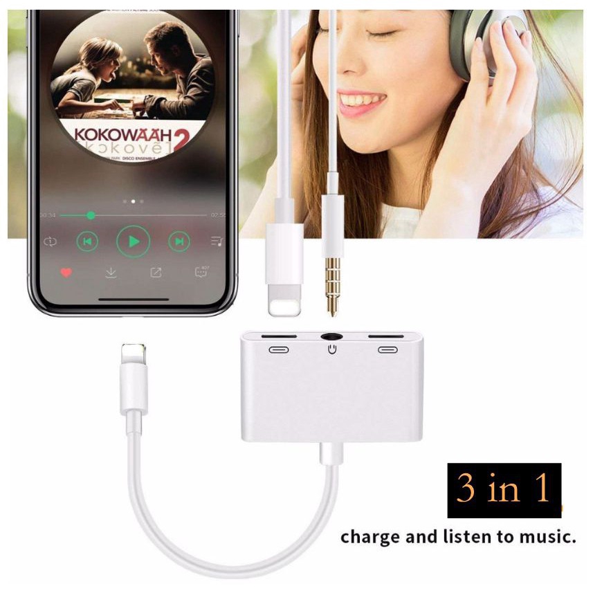 3 in 1 Charging Audio Adapter Splitter Lightning to 3.5mm Headphone Jack Aux iPhone Charging Cable Cáp Chia Cổng Sạc Và Tai Nghe 3 Trong 1 Cho Iphone