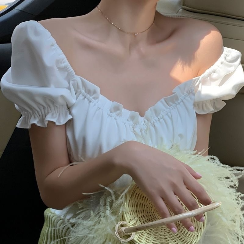 Áo Sơ Mi Trắng Tay Ngắn Phồng Cổ Vuông Xếp Ly Dáng Ôm Thời Trang Mùa Hè Hàng Mới Dành Cho Bạn Nữ