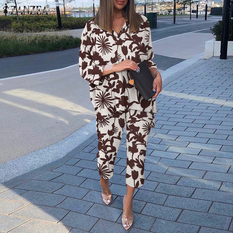 Zanzea Set Áo Thun Tay Lỡ Form Rộng Kèm Quần Dài Lưng Thun Thời Trang Nữ