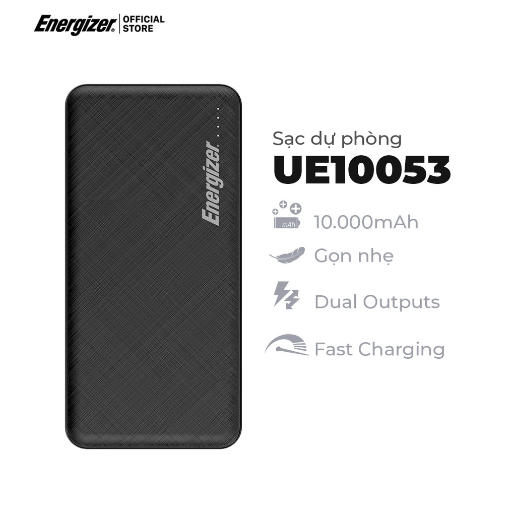 Sạc dự phòng Energizer 10000mAh UE10053/UE10026 - Thiết kế gọn nhẹ, tích hợp 2 cổng outputs - Hàng chính hãng