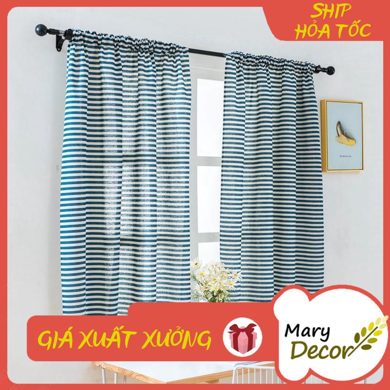 Rèm cửa trang trí vải bố linen đẹp - họa tiết sọc xanh to R-I07