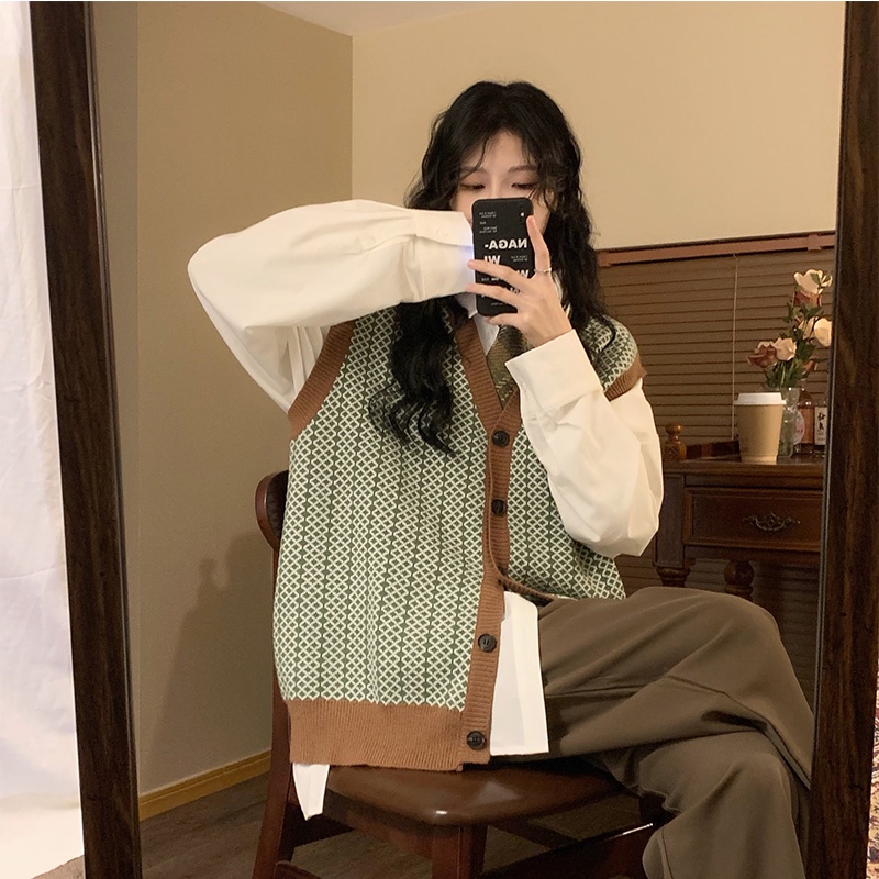 Áo khoác len cổ chữ V không tay phong cách retro cho nữ | BigBuy360 - bigbuy360.vn