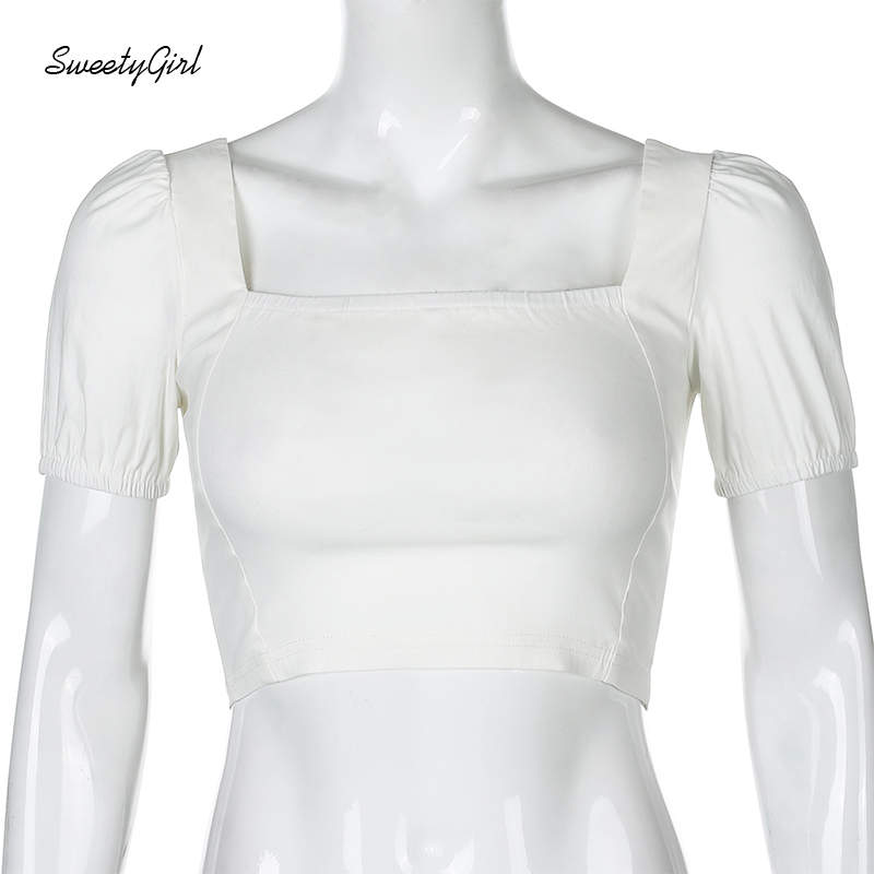 SweetyGirl Women Crop Top Fashion Solid Color Square Neck Short Sleeves Slim Fit Casual Streetwear