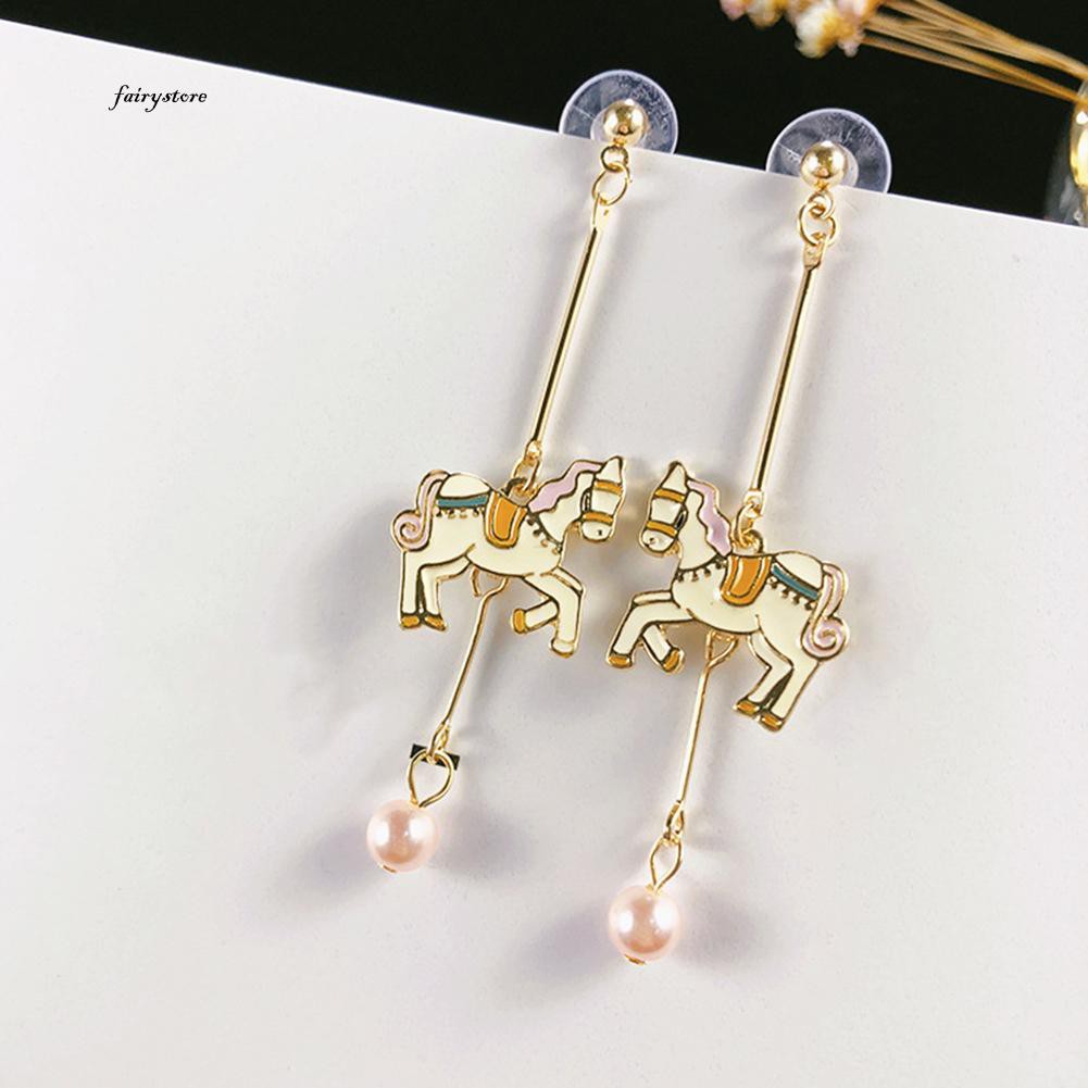 Bông Tai Dài Hình Ngựa Pony Đính Ngọc Trai Giả Dễ Thương Dành Cho Nữ