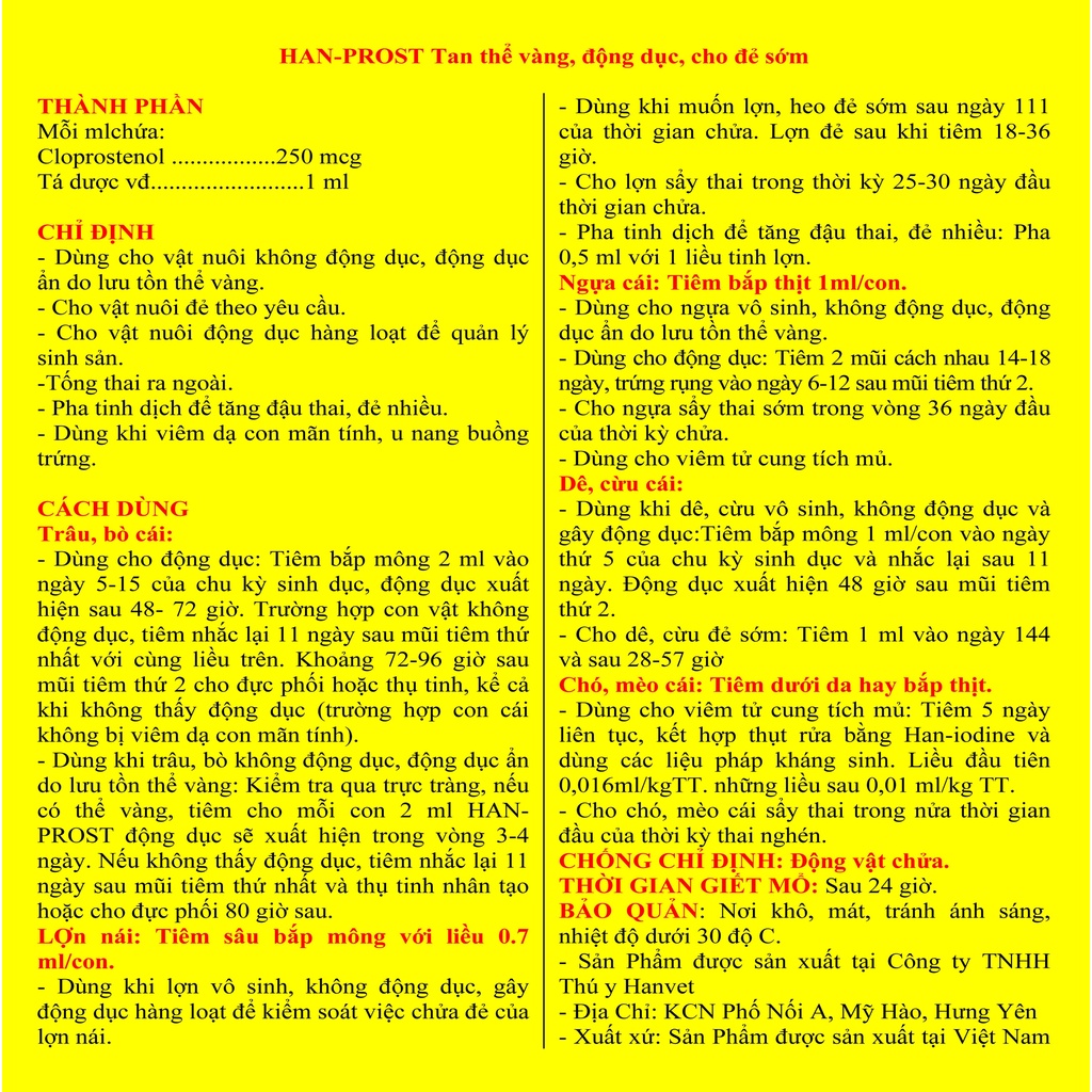 5 ống HAN-PROST 2ml  Sản phẩm cao cấp chuyên dùng cho gia súc, chó mèo đẻ theo yêu cầu