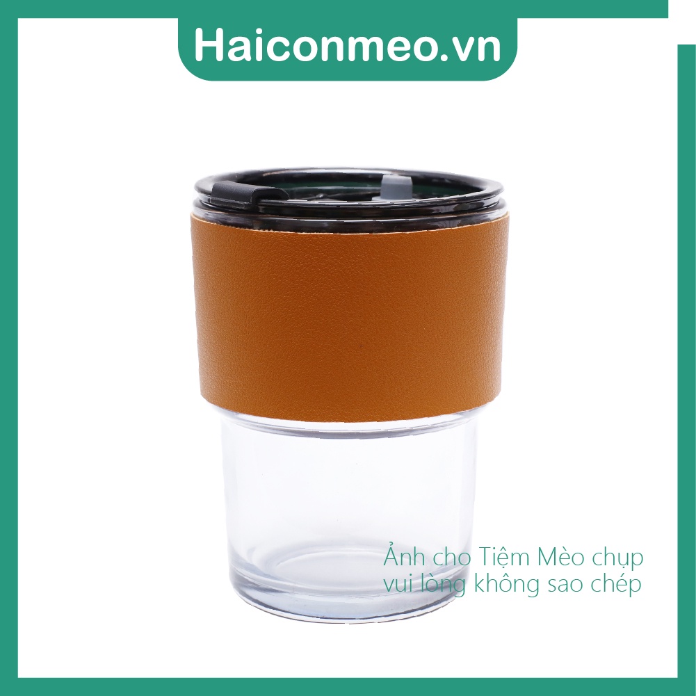 Ly cốc thủy tin có bao da kèm nắp ống hút 450ml