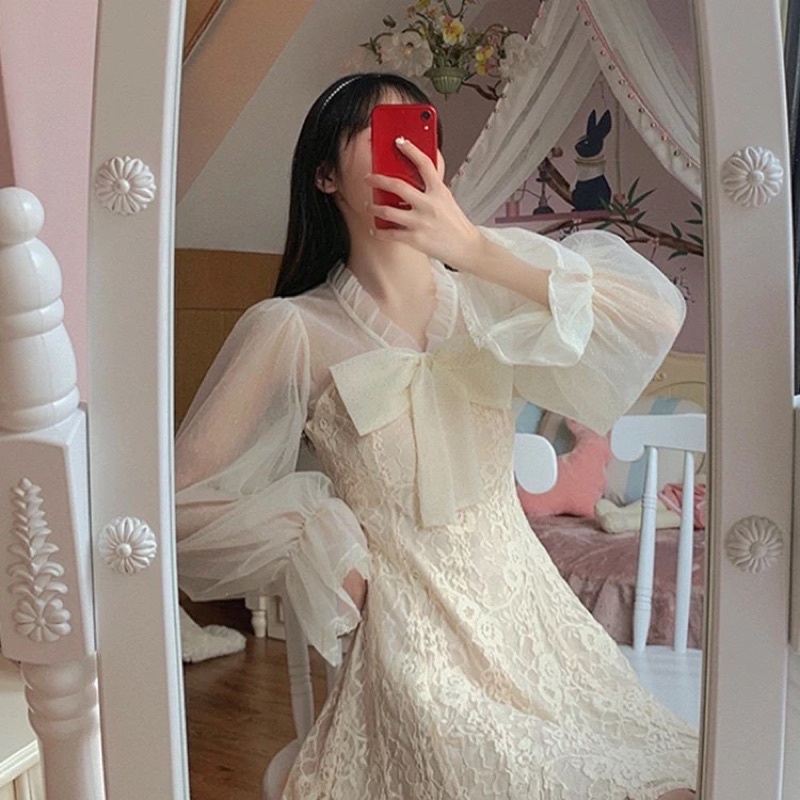 SẴN🎀Váy ulzzang ren lưới kiểu tiểu thư tay loe/Đầm xoè công chúa dự tiệc bánh bèo điệu vintage đi tiệc