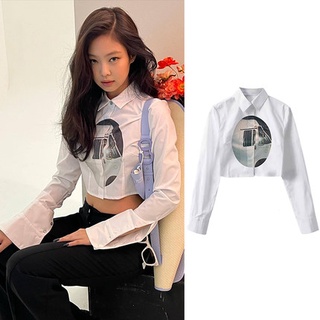 Áo sơ mi trắng tay dài in hình Jennie Blackpink hợp thời trang