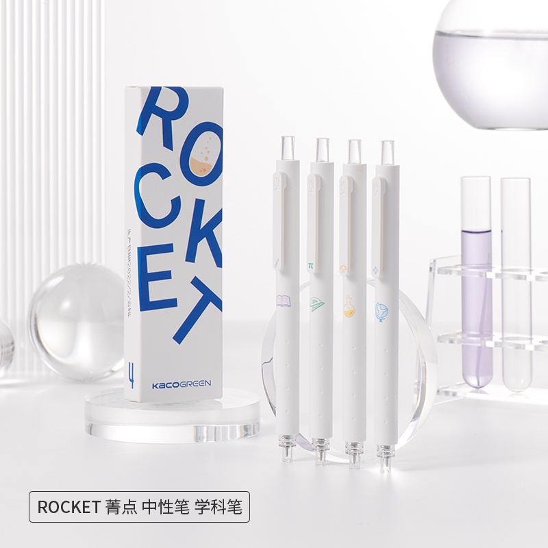 Hộp 4 bút bi Kaco Rocket hoc tập Trắng mực đen ngòi 0,5mm