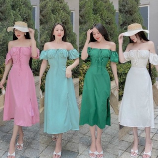 Đầm váy lụa dài hở/bẹt/trễ vai nhún rút ngực xẻ đùi xanh lá cây/mint bạc hà trắng hồng, thời trang đi chơi/biển du lịch