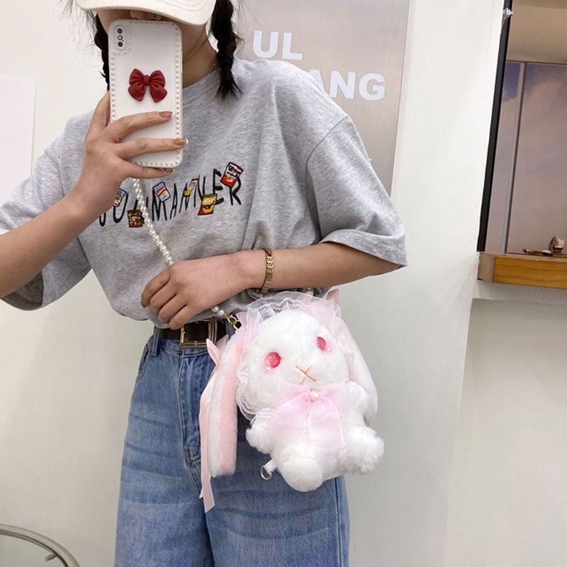 Túi đeo chéo hình thỏ hoạt hình nhồi bông phong cách lolita vui nhộn cho nữ