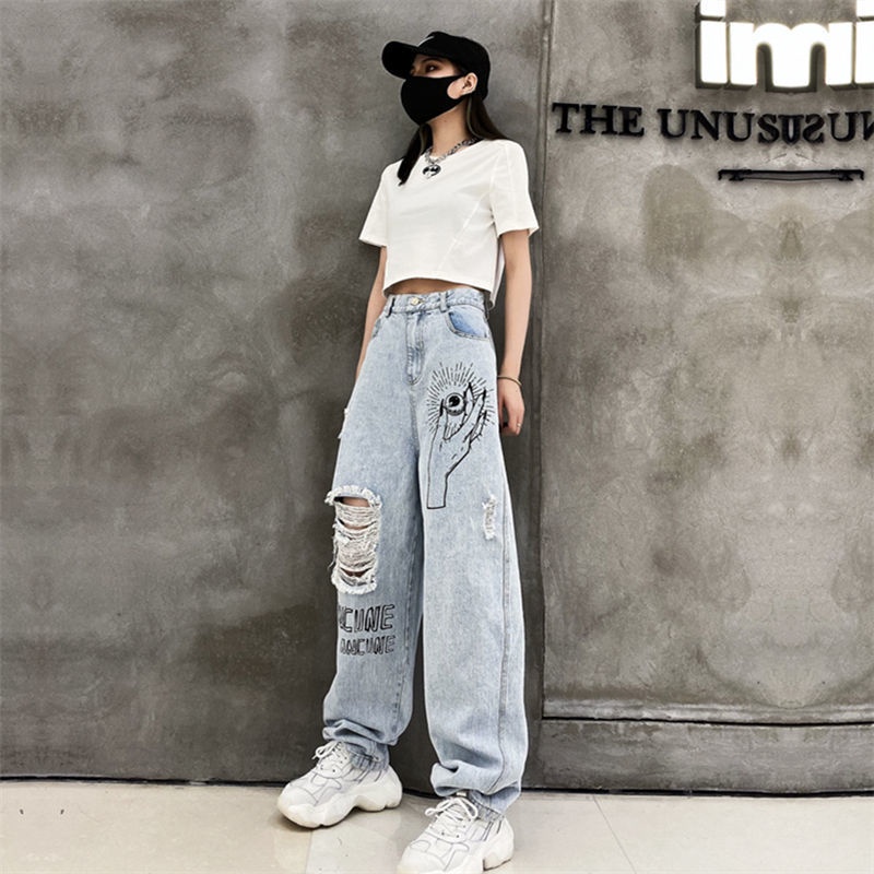 Jiashucheng Quần Jean Dài Lưng Cao Ống Rộng Phối Rách In Họa Tiết Cá Tính