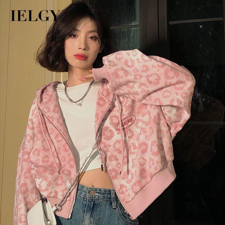 Áo khoác cardigan IELGY dáng ngắn in họa tiết da báo màu hồng thời trang dành cho nữ