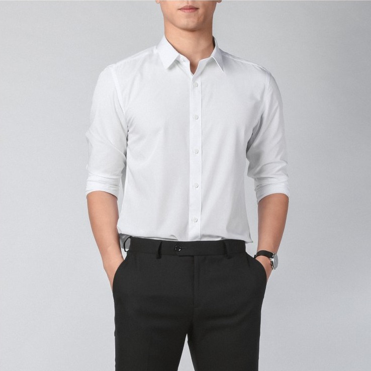 Áo Sơ Mi Trắng Nam Tay Dài Owen Vải Nano Cao Cập Mềm Mát Chống Nhăn Somi Công Sở Dáng Slim Fit Tà Lượn Không Túi Ngực