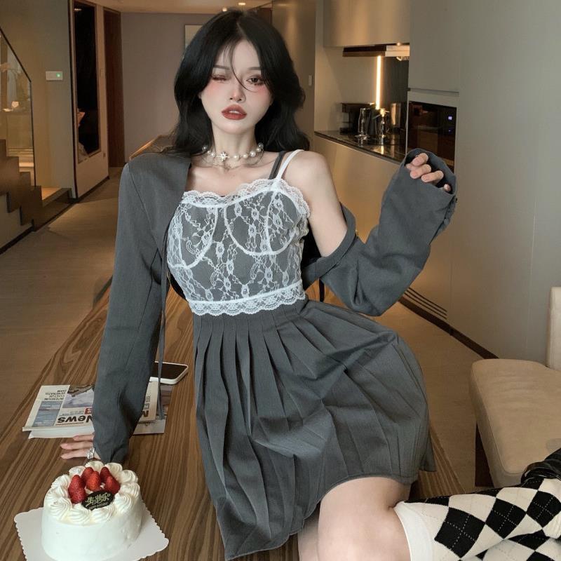 Set Đầm Hai Dây Xếp Ly + Áo Khoác Vest Phong Cách Hàn Quốc Thời Trang Mùa Hè Mới 2021