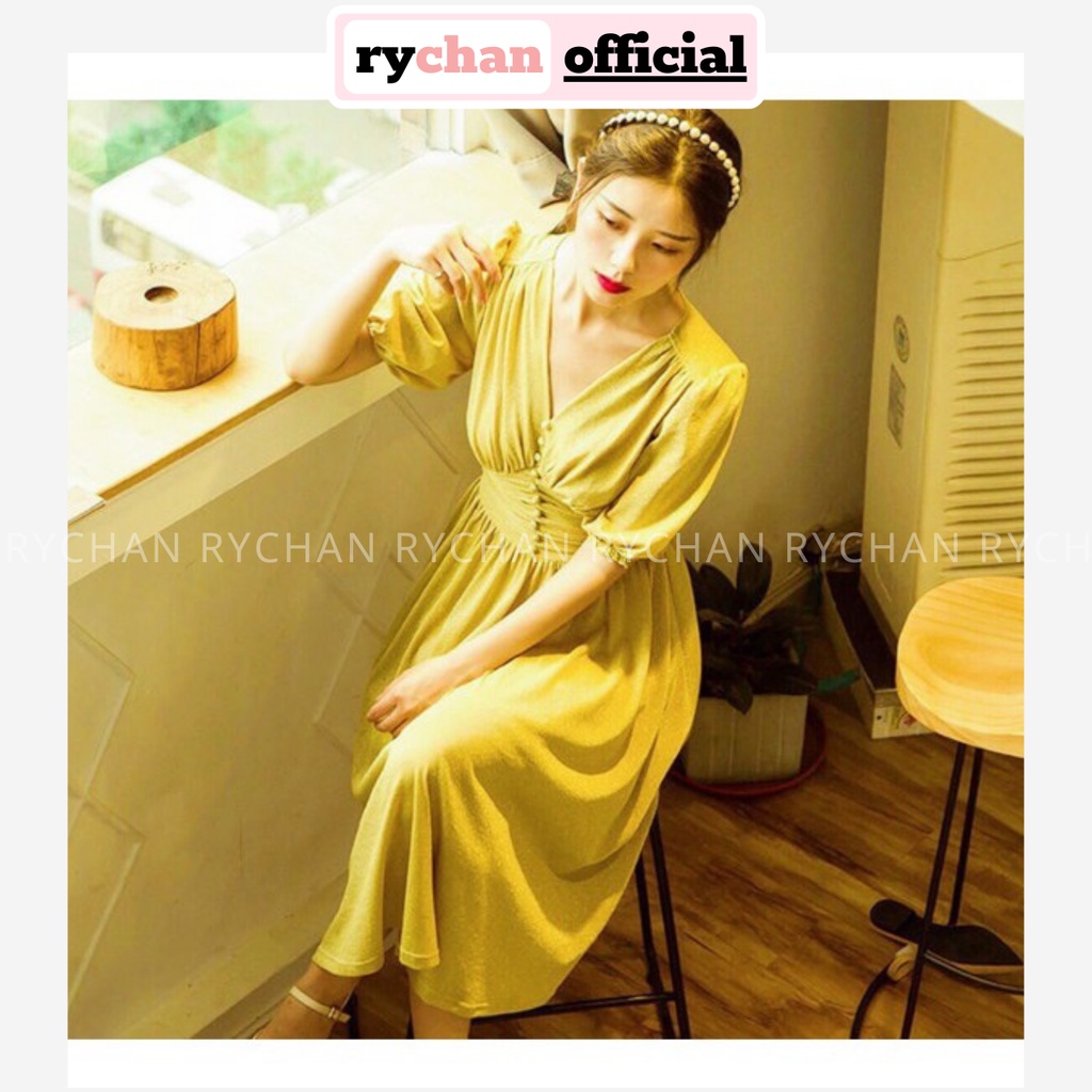 DX9983 - Đầm Xòe Cổ V Nút Bọc Nhún Eo Màu Vàng Sang Trọng Đầm Dự Tiệc