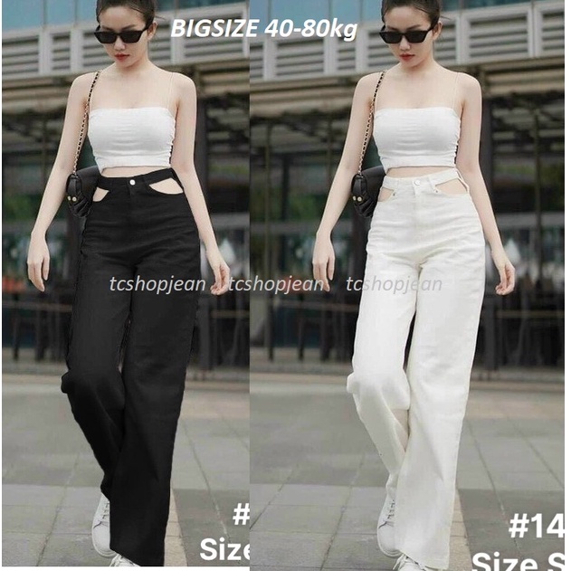 [TCshopjean Bigsize 40-80kg] Quần Kaki Ống Suông Rộng VNXK Nữ Khoét Eo Xinh Xắn Trắng Đen MS 142