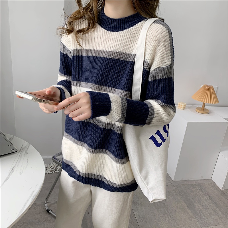 Áo sweater tay dài cổ tròn thiết kế thời trang sọc kiểu Hàn Quốc cho nữ