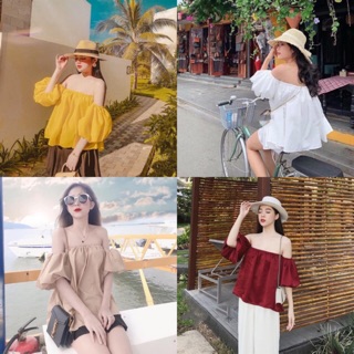 Áo trễ vai bo chun nâu tây