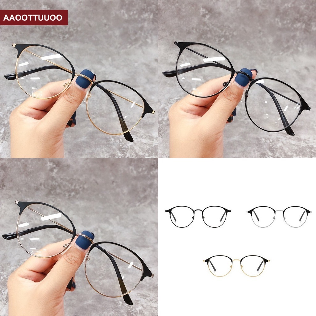 Mắt Kính Gọng Kim Loại Tròng Phẳng Phong Cách Retro Cho Nam Và Nữ