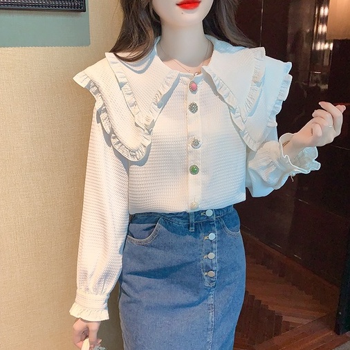 【ZHELIHANGFEI】Áo Sơ Mi Tay Dài Cổ Búp Bê Phong Cách Phương Tây