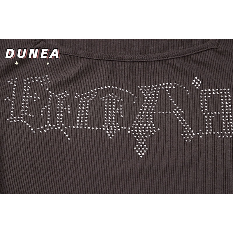 DUNEA Áo Thun Tay Dài Cổ Vuông Đính Đá Lấp Lánh Thời Trang Cho Nữ