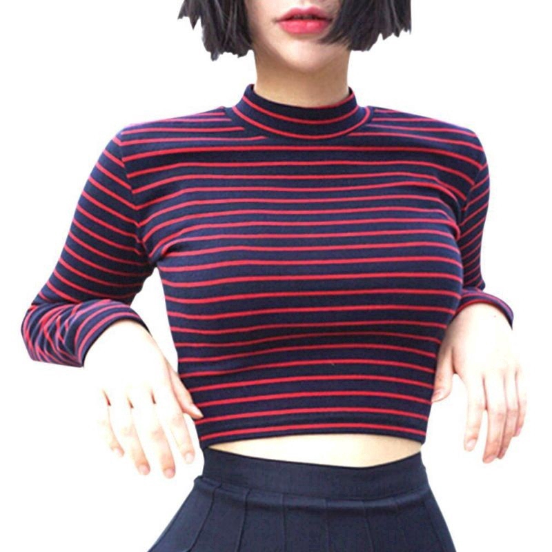 DUNEA Áo thun cotton tay dài kẻ sọc kiểu dáng quyến rũ cho nữ