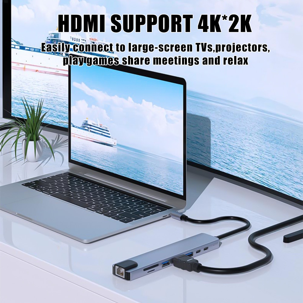 Thiết bị chia cổng USB C 8 trong 1 với cổng HDMI 4K 2 USB và cổng USB 87W PD TF/SD