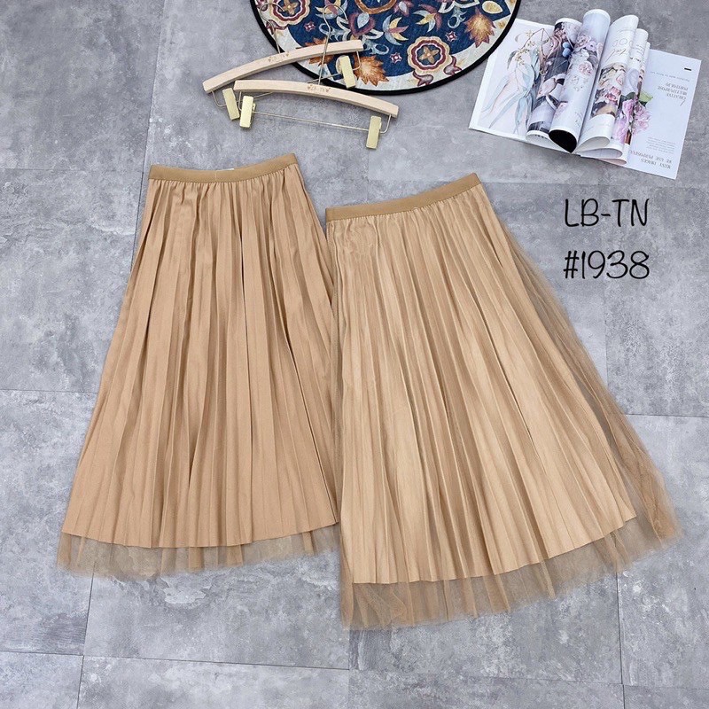 Chân váy xếp ly mặc được 2 mặt, Chân váy dáng dài cạp chun mặt lưới CV1137 - NhiNhi Shop