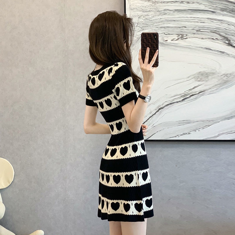 Đầm dệt kim tay ngắn lưng cao phong cách Hàn Quốc thời trang mùa hè cho nữ