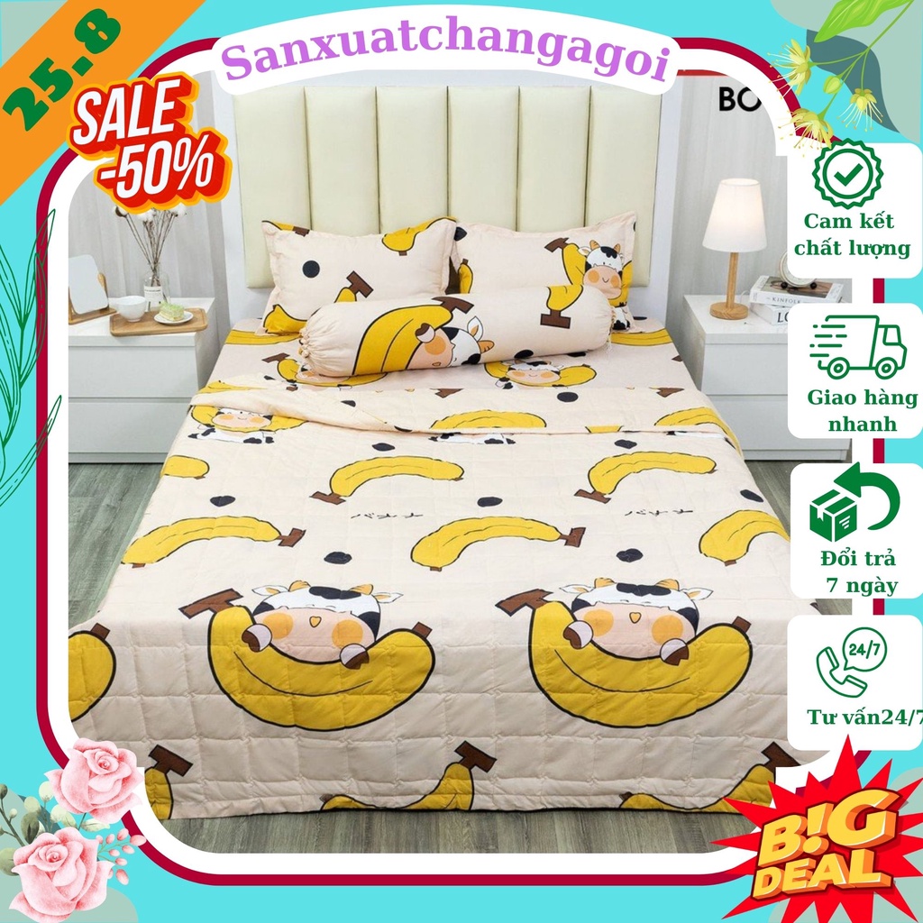 Bộ ga gối,ga trải giường poly 1m2,1m4,1m5,1m6,1m8, ga giường kèm 2 vỏ gối nằm,mẫu bò chuối vàng