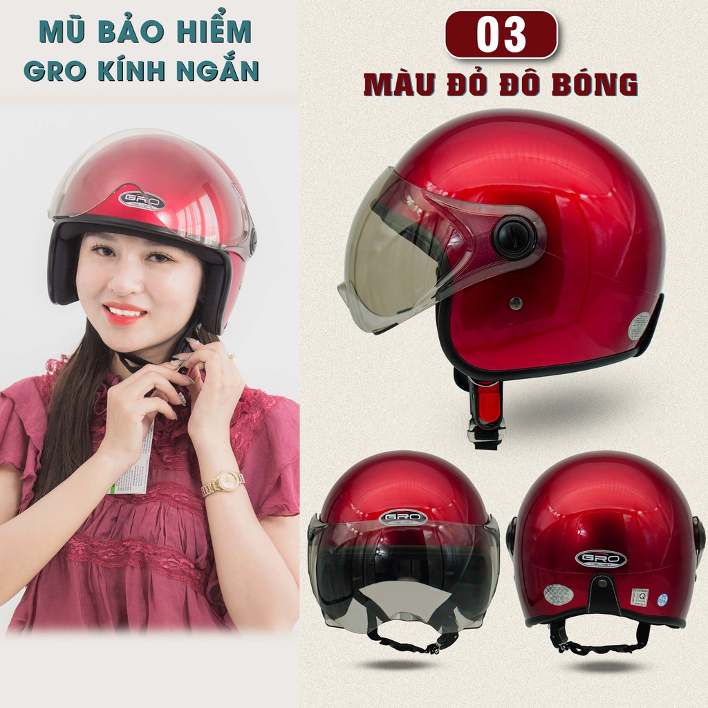 Mũ Bảo Hiểm 3/4 đầu GRO Helmet T818 có kính ngắn che nửa mặt, kiểu dáng thời trang cho nữ, khóa kim loại - Nhiều màu