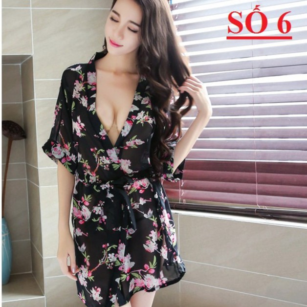 [Freesize < 60kg] Áo choàng ngủ kimono chiffon voan hoa - VN100012