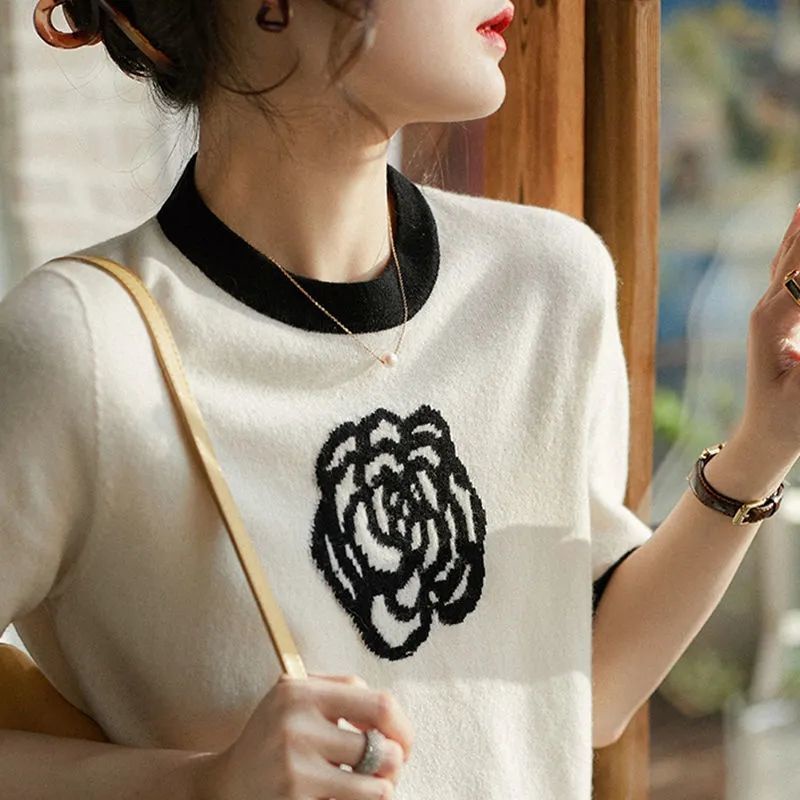 Áo IELGY dệt kim tay ngắn cổ tròn in hình phong cách thanh lịch thời trang cho nữ