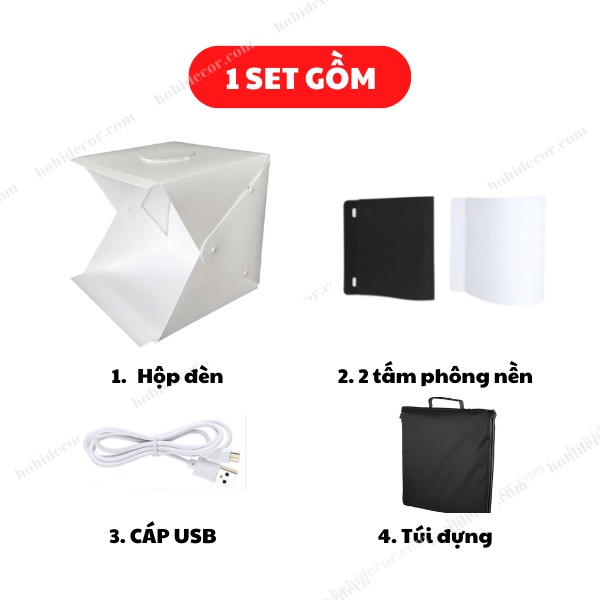 Box Chụp Ảnh Sản Phẩm 40x40 cm, Hộp Chụp Hình Có Đèn Led, Gấp Gọn, Thiết Bị Ánh Sáng Phòng Studio - HoHi Decor