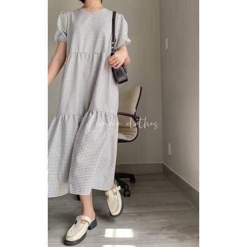 Đầm baby doll dáng dài sọc caro-Lemme