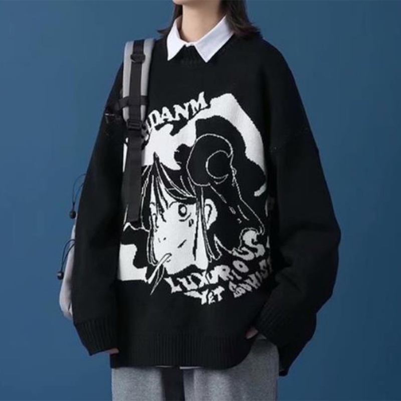 Áo Sweater Tay Dài Dáng Rộng In Họa Tiết Anime Nhật Bản Phong Cách Harajuku Cho Nam Nữ