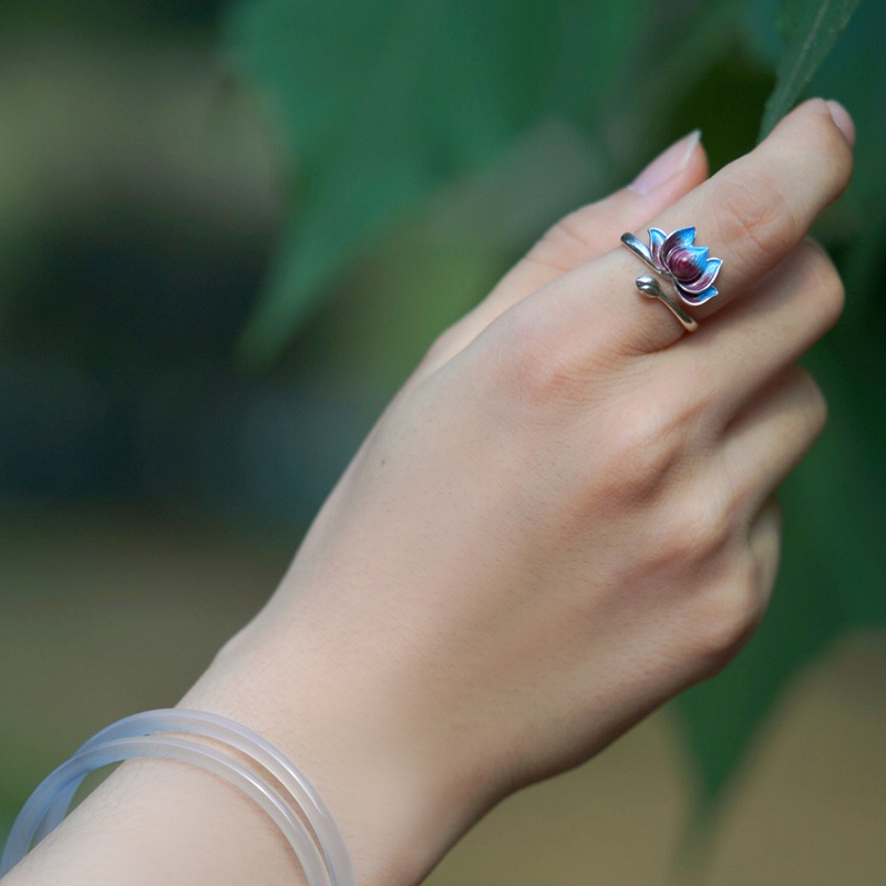 『Mango』Nhẫn Bạc S925 Hình Hoa Sen Xanh Dương Phong Cách Cổ Điển Thời Trang R132
