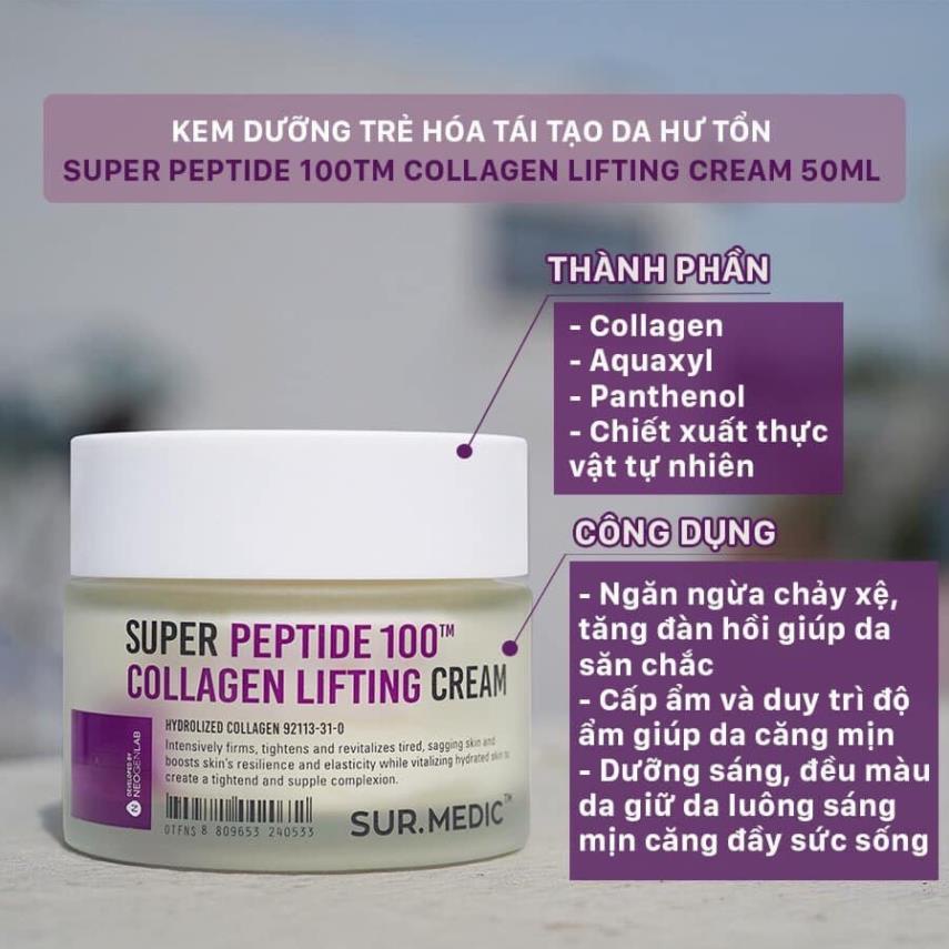 Combo Tinh Chất Trẻ Hoá Da & Kem Dưỡng Trẻ Hoá Phục Hồi Da Hư Tổn SUR MEDIC Super Peptide 100tm Collagen Lifting 50ml A0