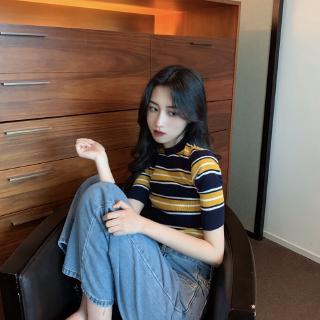 Áo Thun Tay Lỡ Họa Tiết Kẻ Sọc Màu Sắc Tương Phản Phong Cách Hàn Quốc Thời Trang Cho Nữ