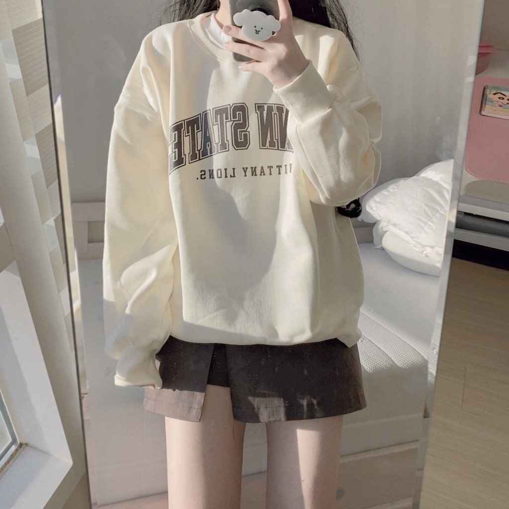 áo sweater nữ nhập khẩu chính hãng tại Hàn Quốc dáng Unisex tay dài form rộng in chữ penn siêu đẹp