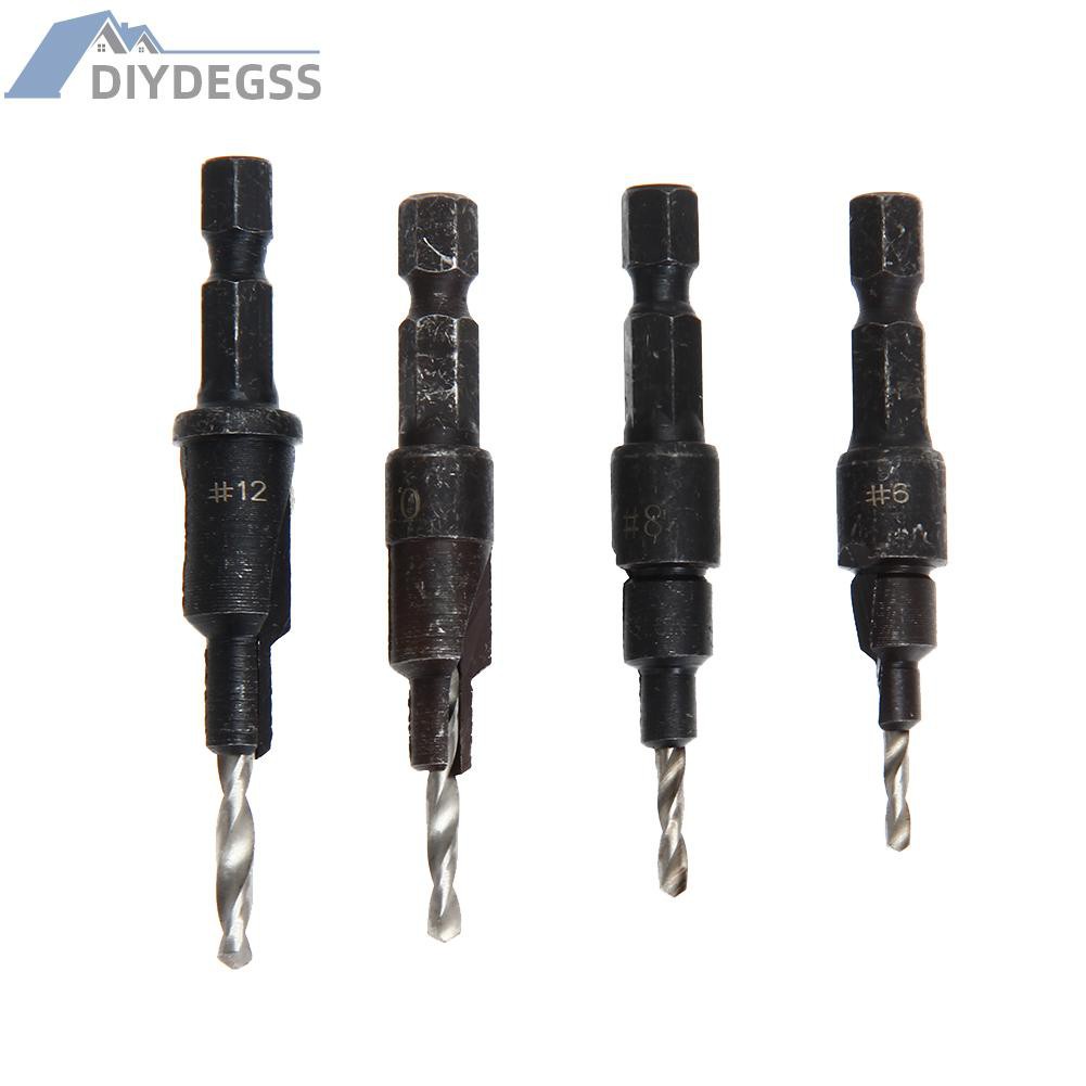 Diydegss2 4Pcs #6 #8 #10 #12 HSS Countersink Drill Bit Set Screw 1/4 Hex Shank Wood T