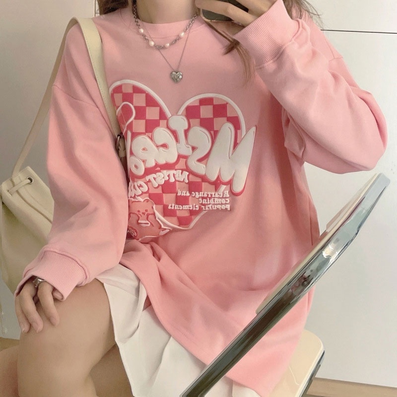 Áo sweater XINLANYASHE dài tay phối nhung họa tiết graffiti trái tim cho cặp đôi