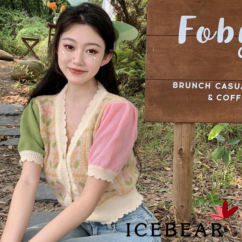 Áo Cardigan Dệt Kim Tay Ngắn Cổ Chữ V Cài Nút Màu Sắc Tương Phản Phong Cách Vintage Dành Cho Nữ