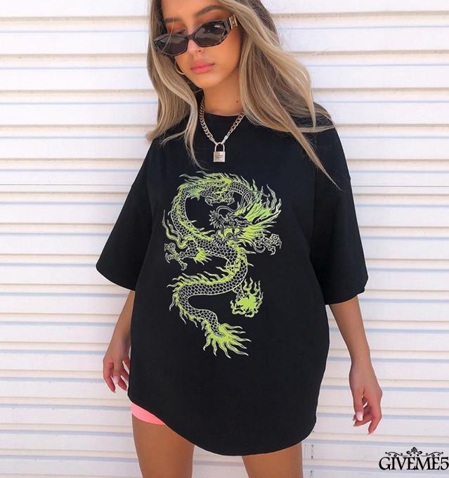 Áo Thun Nữ Tay Ngắn Cổ Tròn In Hình Rồng Thời Trang