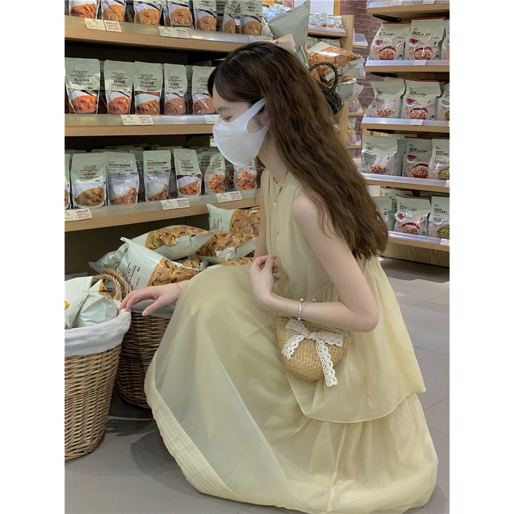 M323 - Váy midi voan tơ cổ tròn không tay 2 tầng dáng suông xinh xắn