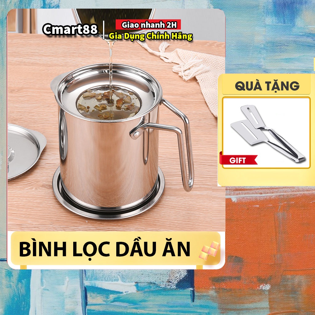 Bình Lọc Dầu Ăn Inox 304, Ca Lọc Dầu Ăn Thông Minh Có Lưới Lọc Loại Bỏ Cặn Thức Ăn Nhanh Chóng Tặng Kèm Kẹp Gắp Thức Ăn