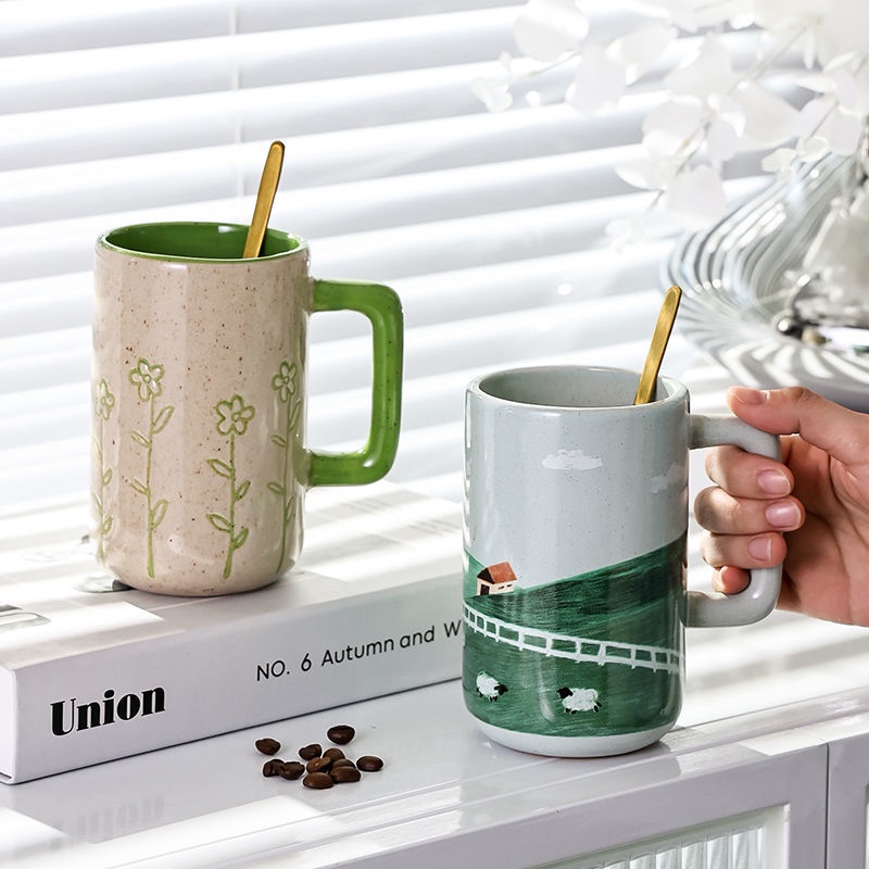 Cốc Uống Nước Bằng Sứ Cao Cấp Kèm Muỗng Phong Cách Bắc Âu