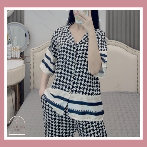 Đồ ngủ pijama nữ hàn quốc lụa LATIN đẹp,Đồ bộ nữ quần dài cao cấp Bộ mặc nhà nữ POPPY-ZICZAC